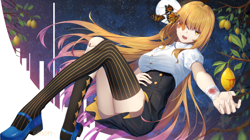 :d animal bandaged_arm bandages black_legwear black_skirt blonde_hair blood blue_footwear breasts brown_eyes bug butterfly commentary doll_joints dress_shirt eyepatch food fruit hand_on_own_stomach high-waist_skirt highres insect ji_dao_ji kneehighs lemon long_hair looking_at_viewer mary_janes medium_breasts open_mouth original outstretched_arm puffy_short_sleeves puffy_sleeves round_teeth shirt shoes short_sleeves single_kneehigh single_thighhigh skirt smile solo striped striped_legwear teeth thighhighs tree_branch upper_teeth vertical-striped_legwear vertical_stripes very_long_hair white_shirt