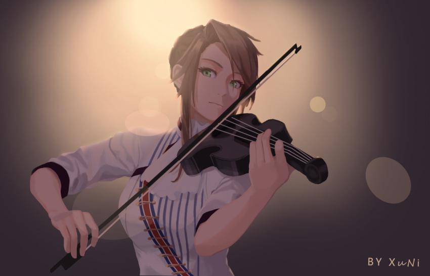 artist_name ascot backlighting bangs braid breasts brown_hair closed_mouth commentary_request french_braid girls_frontline green_eyes head_tilt highres holding holding_instrument instrument large_breasts lee-enfield_(girls_frontline) long_hair looking_at_viewer sash shirt sidelocks solo upper_body violin xu_ni