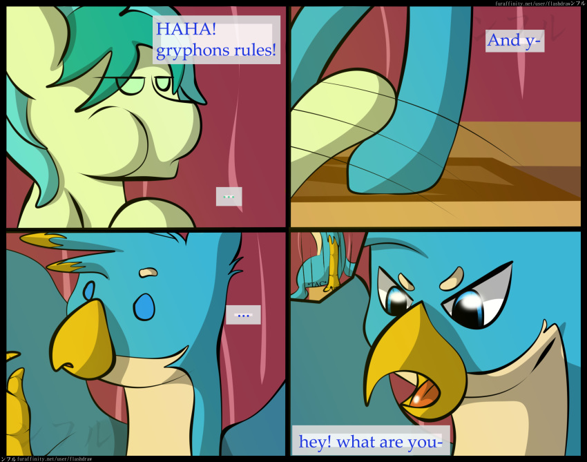 2018 avian beak blue_eyes card card_game comic dialogue digital_media_(artwork) earth_pony english_text equine feathered_wings feathers feral flash_draw friendship_is_magic fur gallus_(mlp) gaming gryphon hair horse male mammal my_little_pony open_mouth poker pony sandbar_(mlp) sitting smile solo standing text wings
