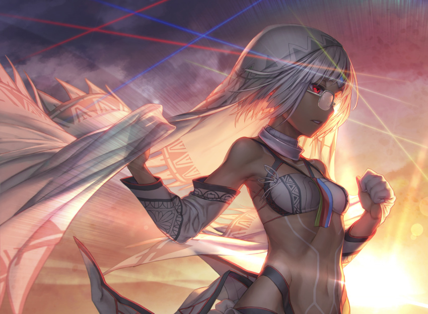 altera_(fate) armpits backlighting bangs bare_shoulders bespectacled bikini breasts clenched_hand cloud collarbone commentary_request dark_skin detached_collar detached_sleeves evening fate/grand_order fate_(series) from_side glasses half-closed_eyes holding lens_flare light_rays looking_away navel outdoors parted_lips print_sleeves red_eyes ribbon rotix semi-rimless_eyewear short_hair sky small_breasts solo standing stomach stomach_tattoo sunlight sunset swimsuit tattoo upper_body veil white-framed_eyewear white_bikini white_hair white_ribbon wind
