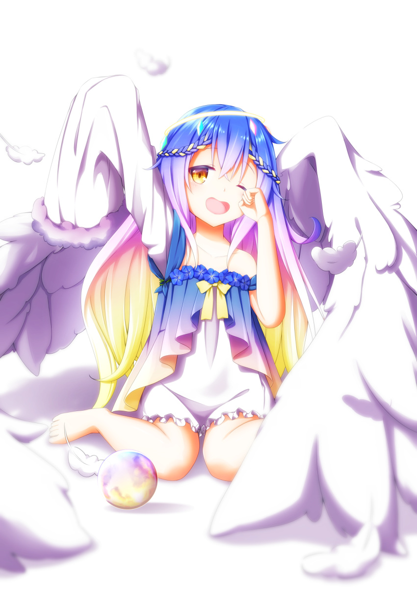 absurdres angel angel_wings aoi_thomas arm_up bangs bare_shoulders blonde_hair blue_hair blurry blurry_background blush brown_eyes collarbone commentary_request depth_of_field dress eyebrows_visible_through_hair feathered_wings feathers globe gradient_hair hair_between_eyes halo highres long_hair long_sleeves multicolored_hair one_eye_closed open_mouth original purple_hair single_sleeve sitting sleeves_past_fingers sleeves_past_wrists solo very_long_hair wariza white_background white_dress white_feathers white_wings wings