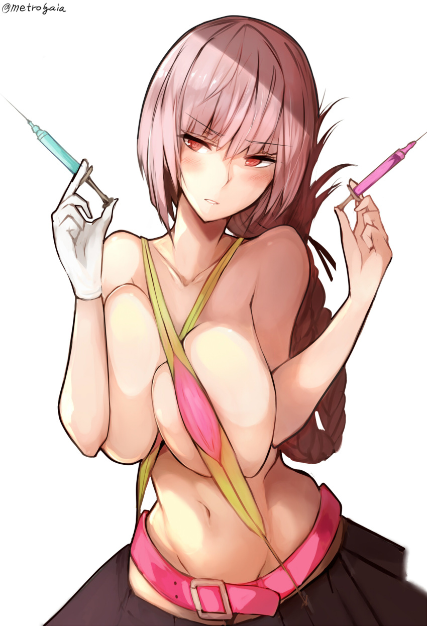 bangs bare_arms bare_shoulders belt belt_buckle between_breasts bikini black_skirt blush braid breast_squeeze breasts buckle collarbone commentary_request eyebrows_visible_through_hair fate/grand_order fate_(series) florence_nightingale_(fate/grand_order) gloves green_bikini groin hair_between_eyes head_tilt highres himuka_(523) holding holding_syringe huge_breasts layered_bikini long_hair looking_at_viewer navel parted_lips pink_belt pink_bikini pink_hair red_eyes simple_background single_braid single_glove skirt solo stomach swimsuit syringe trick_or_treatment twitter_username wardrobe_error white_background white_gloves
