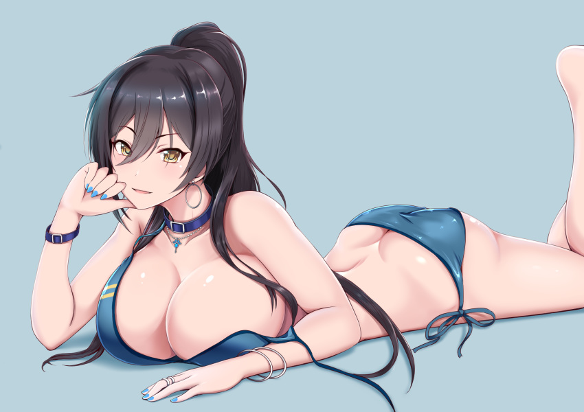 ass bangs bare_shoulders bikini black_hair blue_bikini blue_nails blush bracelet breasts cleavage collar collarbone commentary_request earrings feet_up hair_between_eyes highres hoop_earrings huge_breasts idolmaster idolmaster_shiny_colors jewelry long_hair looking_at_viewer lying moo_yoshio nail_polish necklace on_stomach open_mouth pendant ponytail ring shirase_sakuya side-tie_bikini simple_background smile solo swimsuit thighs untied untied_bikini wrist_straps yellow_eyes