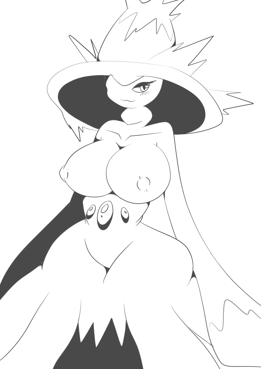 anthro big_breasts blush breasts closed_smile female huge_breasts mismagius monochrome nintendo pok&eacute;mon pok&eacute;mon_(species) reitounek simple_background solo video_games white_background