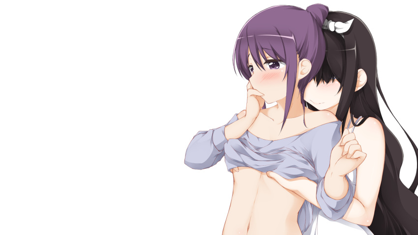 2girls black_hair blush bow breast_grab comic_girls fuura_suzu irokawa_ruki long_hair masaki_h_t navel no_bra purple_eyes purple_hair white yuri