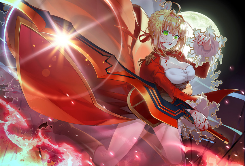 aestus_estus ahoge bangs black_footwear blonde_hair blood blood_on_face blood_on_fingers boots braid breasts cleavage commentary_request dress epaulettes eyebrows_visible_through_hair fate/extra fate_(series) full_moon glint green_eyes grin hair_between_eyes hair_intakes holding holding_sword holding_weapon juliet_sleeves knee_boots long_hair long_sleeves looking_at_viewer medium_breasts moon nemovo nero_claudius_(fate) nero_claudius_(fate)_(all) puffy_sleeves red_dress see-through sidelocks smile solo sword weapon wide_sleeves