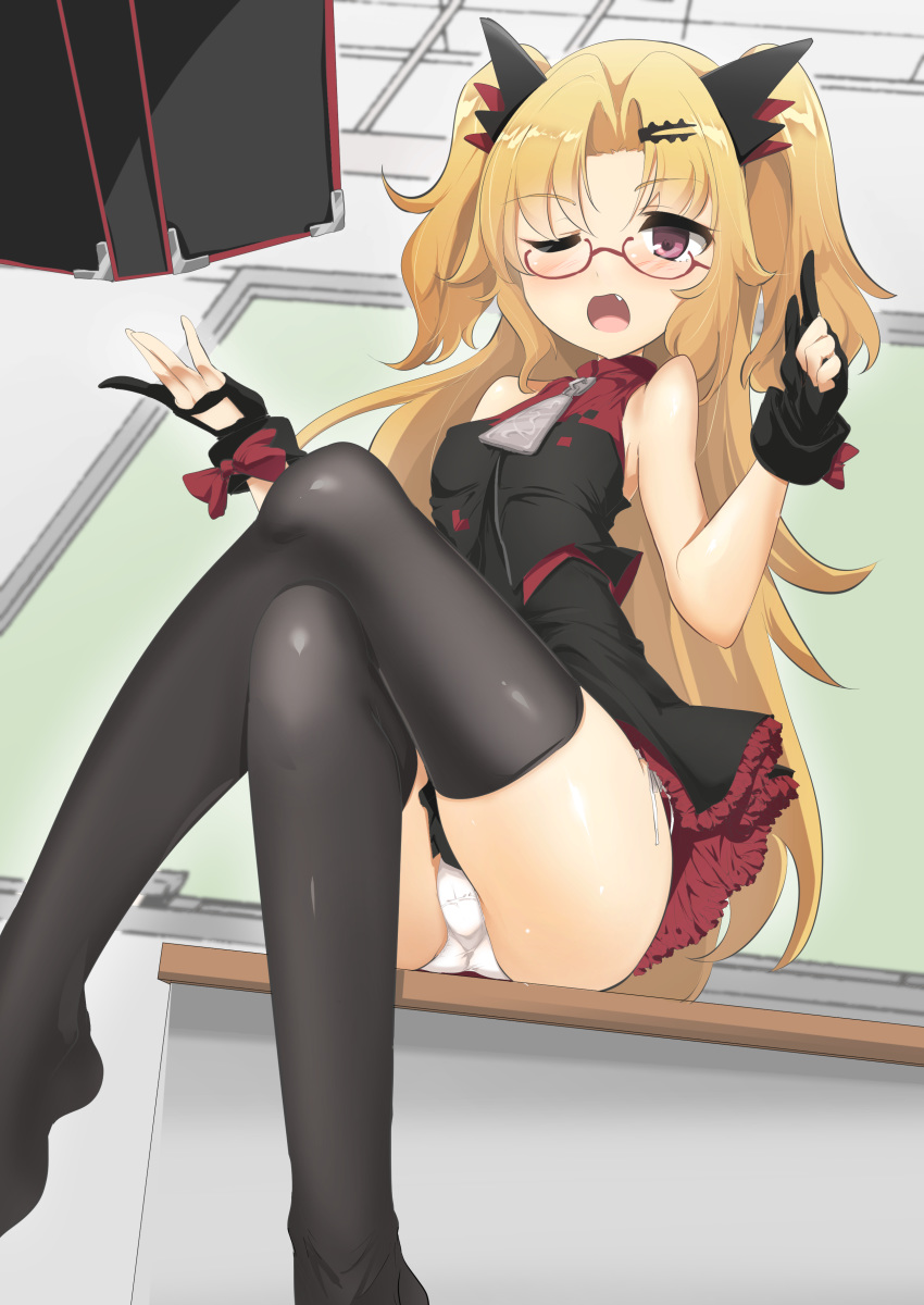 absurdres akatsuki_yuni ass bangs bare_shoulders black_dress black_gloves black_legwear blonde_hair blurry blurry_background blush breasts classroom commentary_request crossed_legs depth_of_field desk dress eyebrows_visible_through_hair fang glasses gloves hair_ornament hairclip hand_up highres index_finger_raised indoors long_hair looking_at_viewer momio no_shoes one_eye_closed open_mouth panties parted_bangs partly_fingerless_gloves purple_eyes red-framed_eyewear semi-rimless_eyewear side-tie_panties sleeveless sleeveless_dress small_breasts solo thighhighs two_side_up under-rim_eyewear underwear uni_channel very_long_hair virtual_youtuber white_panties zipper_pull_tab