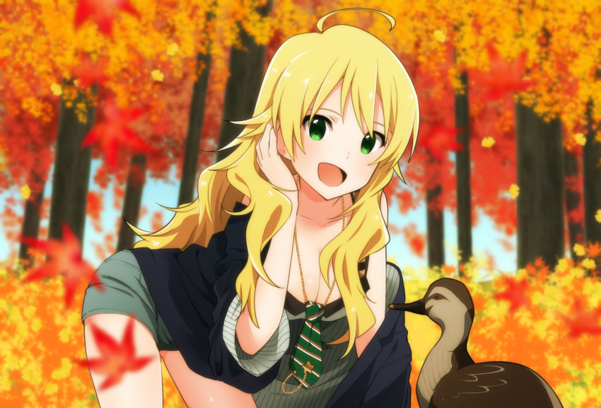 :d ahoge ako_(antoraacoyu0214) autumn autumn_leaves bangs bent_over bird black_shirt blonde_hair blurry blurry_background blurry_foreground breasts cleavage commentary_request cowboy_shot day depth_of_field duck green_eyes grey_shorts hand_in_hair highres hoshii_miki idolmaster idolmaster_(classic) jacket jacket_removed jewelry long_hair long_sleeves looking_at_viewer medium_breasts necklace open_mouth outdoors pose shirt short_shorts shorts smile solo standing tree