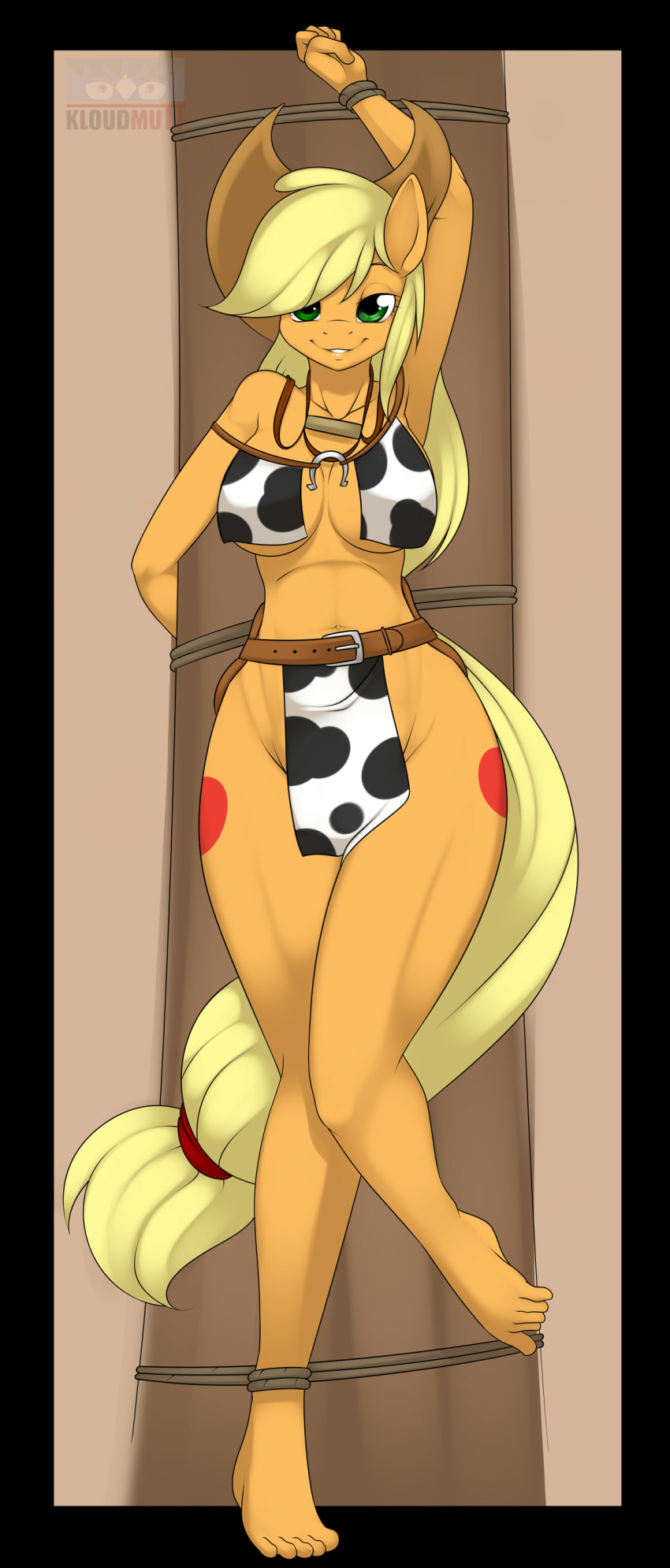 2013 anthro anthrofied applejack_(mlp) bdsm bedroom_eyes belt blonde_hair bondage bound breasts bridle cowboy_hat cutie_mark digital_media_(artwork) earth_pony equine female friendship_is_magic green_eyes hair half-closed_eyes hat hi_res horse kloudmutt looking_at_viewer mammal my_little_pony navel pole pony rope seductive solo