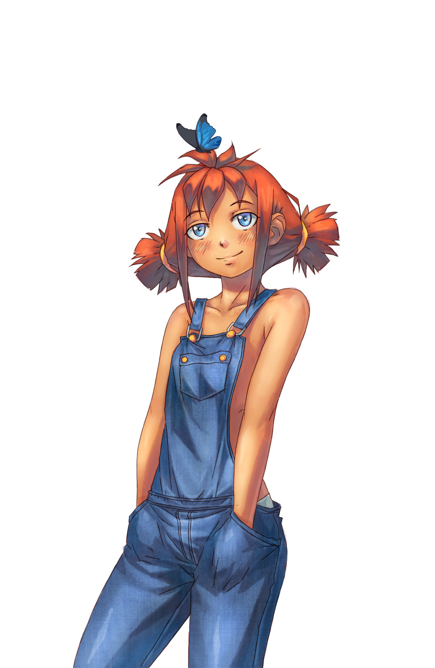 absurdres blue_eyes bug butterfly denim everlasting_summer eyebrows eyebrows_visible_through_hair flat_chest highres insect jeans leonzo looking_at_viewer pants red_hair simple_background smile solo twintails ussr-tan white_background