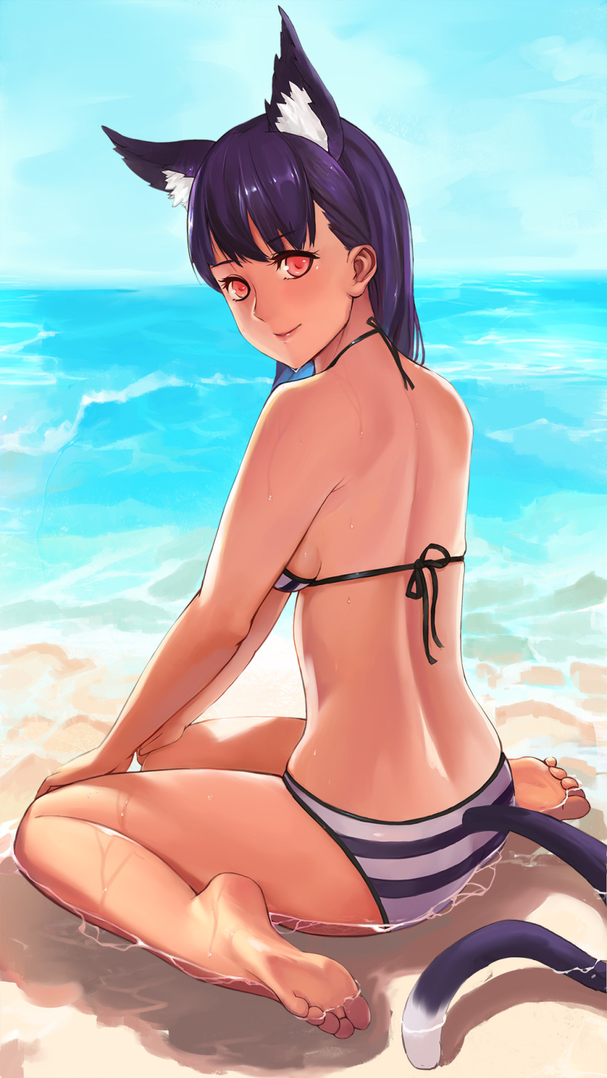 animal_ears back barefoot beach bikini cat_ears cat_tail chinese_commentary commentary_request day feet highres lips looking_at_viewer looking_back ocean original red_eyes sitting sky smile soles solo striped striped_bikini swimsuit tail toes wariza water wet wuguno_ziran_juan