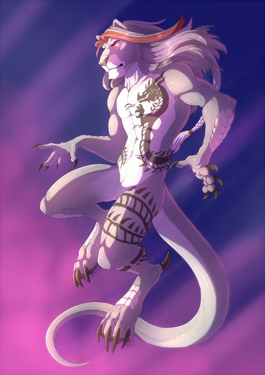 abs action_pose anthro athletic braided_hair claws digitigrade dragon featureless_crotch feline hair hi_res hornedfreak hybrid jumping lion long_hair male mammal pecs pose scales solo tattoo