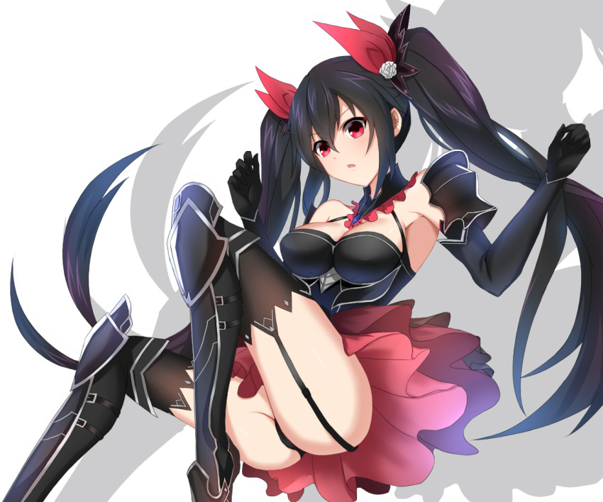 ass bare_shoulders black_dress black_hair black_legwear black_panties boots breasts cleavage detached_collar dress elbow_gloves four_goddesses_online:_cyber_dimension_neptune garter_straps gloves hair_between_eyes hair_ribbon hands_up knee_boots knees_up long_hair looking_at_viewer medium_breasts neptune_(series) noire open_mouth panties red_eyes ribbon ribbon-trimmed_dress roi_(liu_tian) shadow solo thighhighs twintails underwear upskirt very_long_hair
