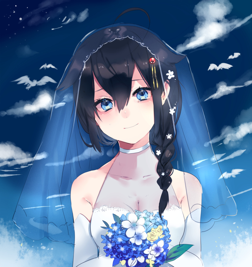 ahoge bangs bare_shoulders bird blue_eyes blue_sky blush bouquet braid breasts bridal_veil choker cleavage closed_mouth cloud collarbone commentary_request day dress elbow_gloves flower gloves hair_between_eyes hair_flaps hair_ornament hair_over_shoulder happy_tears head_tilt highres holding holding_bouquet kantai_collection long_hair medium_breasts outdoors punya remodel_(kantai_collection) shigure_(kantai_collection) sidelocks single_braid sky smile tearing_up tears upper_body veil wedding_dress white_choker white_dress white_gloves