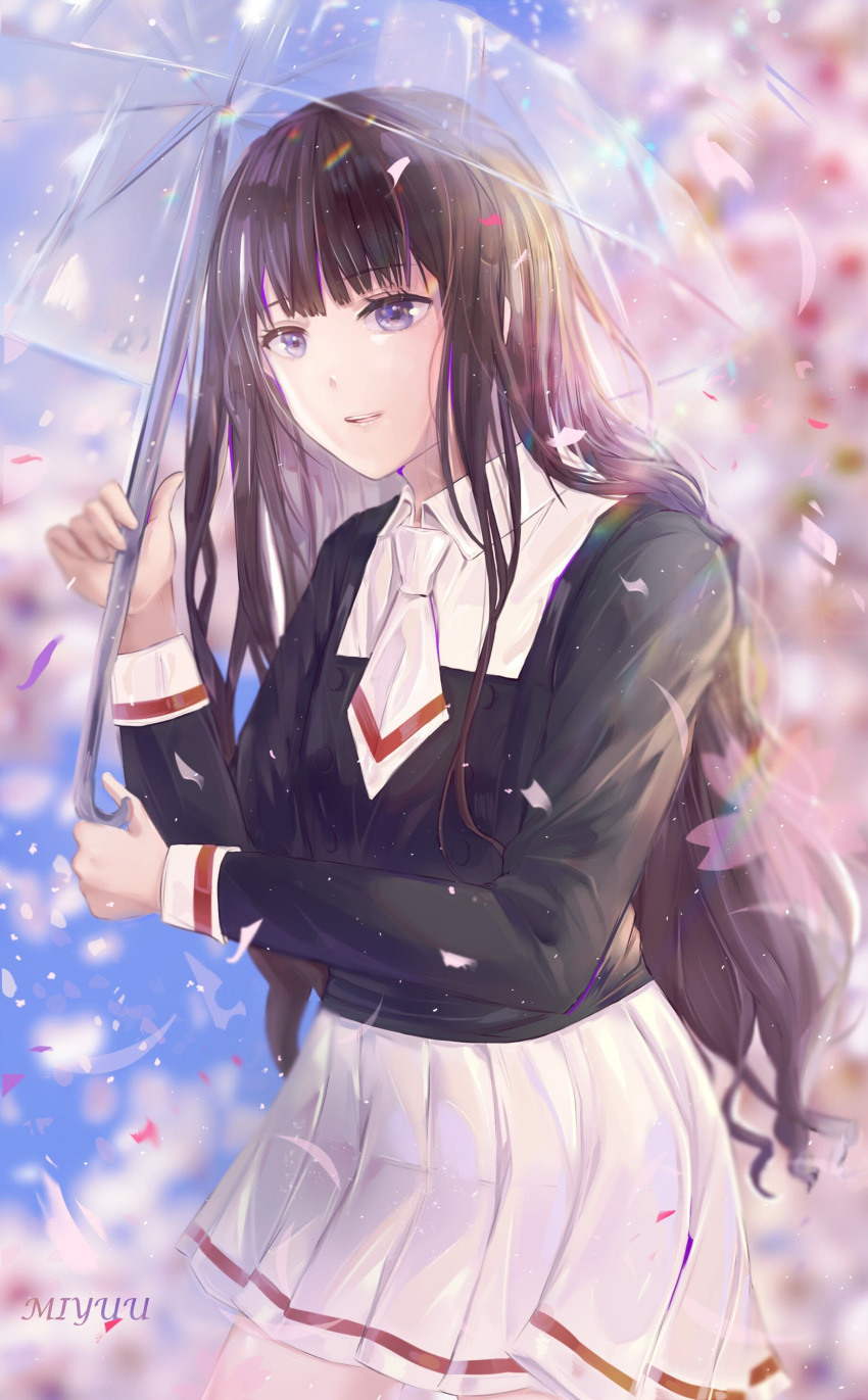 absurdres artist_name bangs black_hair black_shirt blue_eyes blunt_bangs blurry cardcaptor_sakura cherry_blossoms cowboy_shot daidouji_tomoyo day depth_of_field eyebrows_visible_through_hair highres holding holding_umbrella long_hair long_sleeves looking_at_viewer mikan_(miyuu) necktie open_mouth outdoors parted_lips pleated_skirt school_uniform shirt skirt solo tomoeda_middle_school_uniform transparent transparent_umbrella umbrella very_long_hair white_neckwear white_shirt white_skirt wing_collar