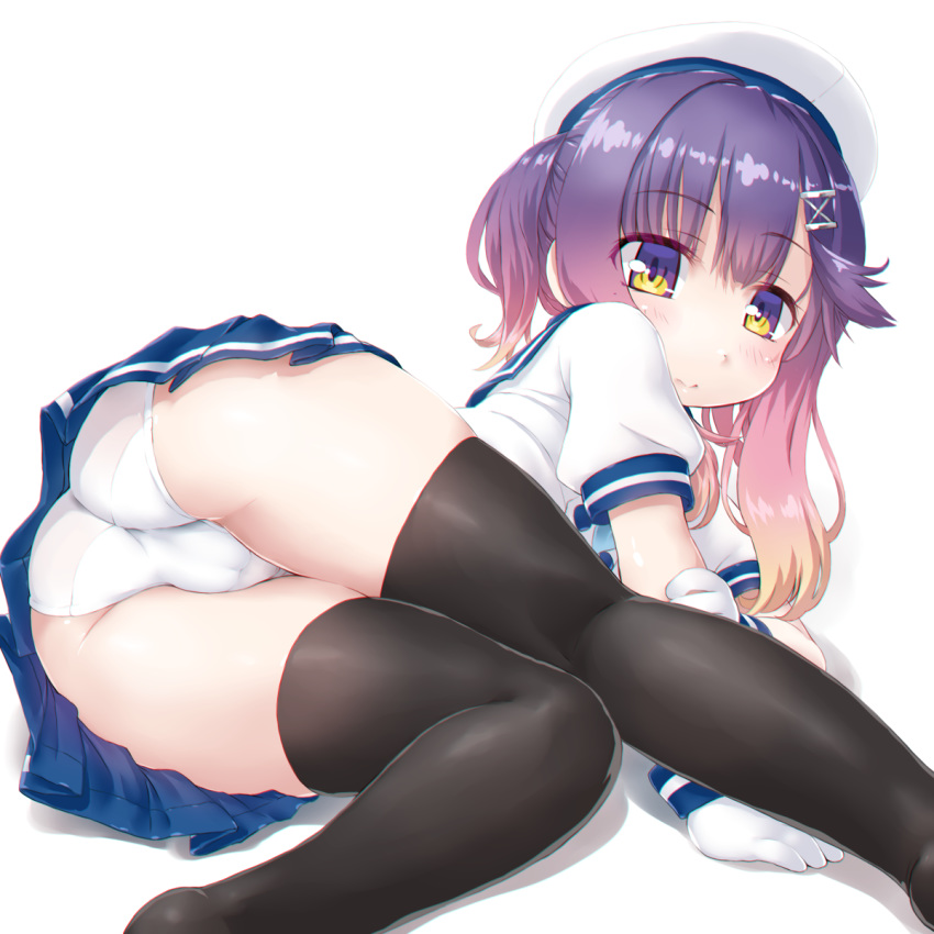 ass bangs beret black_legwear blue_sailor_collar blue_skirt blush brown_hair closed_mouth commentary dd_(ijigendd) eyebrows_visible_through_hair gloves gradient_hair hair_between_eyes hair_ornament hat highres kantai_collection long_hair looking_at_viewer lying multicolored_hair on_side panties pleated_skirt puffy_short_sleeves puffy_sleeves purple_eyes purple_hair sailor_collar school_uniform serafuku shirt short_sleeves skirt solo thighhighs trefoil tsushima_(kantai_collection) underwear white_background white_gloves white_hat white_panties white_shirt x_hair_ornament