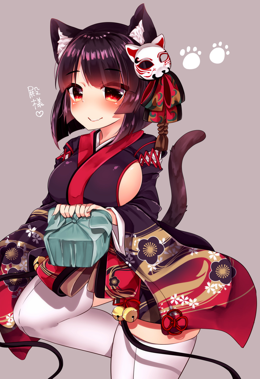 absurdres animal_ears azur_lane bangs bell black_kimono blush breasts brown_background brown_hair cat_ears cat_girl cat_mask cat_tail chiitamu closed_mouth commentary_request eyebrows_visible_through_hair fang fang_out fingernails floral_print heart highres japanese_clothes jingle_bell kimono large_breasts long_sleeves mask mask_on_head obentou print_kimono red_eyes short_hair short_kimono sideboob simple_background smile solo tail thighhighs white_legwear wide_sleeves yamashiro_(azur_lane)