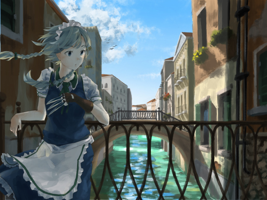 aamond apron arm_rest bad_id bad_pixiv_id balcony bangs between_fingers bird blue_eyes blue_skirt blue_sky blue_vest braid bridge building canal cloud commentary_request cowboy_shot day fingerless_gloves gloves hair_blowing hair_ribbon handrail highres izayoi_sakuya knife leaning_on_rail looking_to_the_side maid_headdress outdoors planter puffy_short_sleeves puffy_sleeves ribbon short_hair short_sleeves silver_hair single_glove skirt sky solo touhou tress_ribbon twin_braids venice vest waist_apron wind