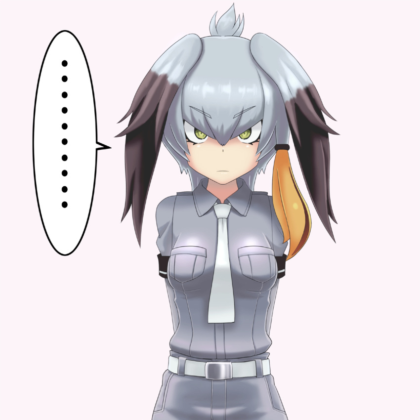 1girl arms_behind_back bangs belt breast_pocket breasts commentary_request eyebrows_visible_through_hair green_eyes grey_hair grey_shirt hair_between_eyes head_wings highres kemono_friends looking_at_viewer low_ponytail multicolored_hair necktie pink_background pocket serious shirt shoebill_(kemono_friends) short_sleeves side_ponytail simple_background solo spoken_ellipsis staring two-tone_hair v-shaped_eyebrows white_neckwear winbee_(selkie)