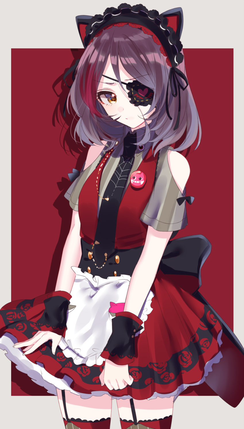 animal_ears apron badge bare_shoulders black_bow black_eyepatch black_hairband black_neckwear bow brown_eyes brown_hair button_badge cat_ears closed_mouth eyepatch fingernails frilled_hairband frills garter_straps gradient_hair grey_shirt hairband hayasaka_mirei heart heart_eyepatch highres idolmaster idolmaster_cinderella_girls looking_at_viewer misumi_(macaroni) multicolored_hair necktie pleated_skirt red_eyes red_skirt red_vest shirt short_sleeves shoulder_cutout skirt solo thighhighs vest waist_apron white_apron wrist_cuffs