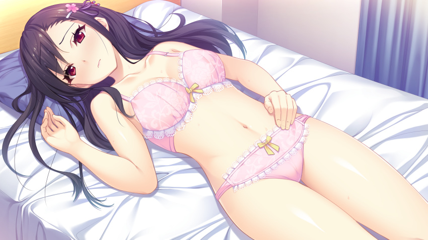 bed bedroom black_hair bow bow_panties bra collarbone flower game_cg hair_flower hair_ornament hairclip highres indoors kanojo_to_ore_no_koisome_dousei kinugasa_yuuichi kujikawa_miyabi long_hair looking_at_viewer lying navel official_art on_back panties pillow pink_bra pink_flower pink_panties red_eyes ribbon solo underwear underwear_only yellow_ribbon