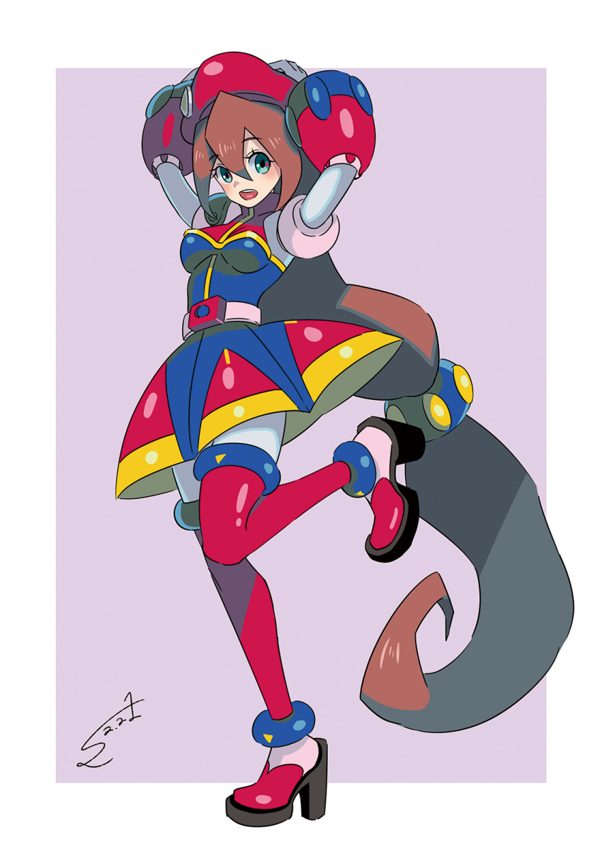 absurdly_long_hair adapted_costume android belt beret blush boots border breasts brown_hair dress eyebrows_visible_through_hair full_body hair_between_eyes hand_on_head hand_on_headwear hand_on_own_head hat high_heels highres iris_(rockman_x) leg_up long_hair looking_at_viewer looking_to_the_side low-tied_long_hair medium_breasts open_mouth outside_border red_hat rockman rockman_x rockman_x4 signature solo standing sumomo teeth thigh_boots thighhighs very_long_hair white_border