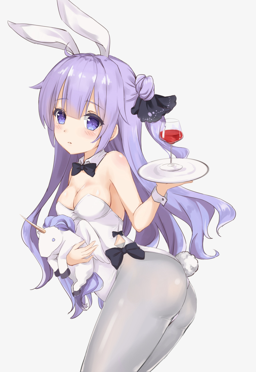 absurdres ahoge alcohol animal_ears ass azur_lane bare_shoulders black_neckwear bow bowtie breasts bunny_ears bunny_girl bunny_tail bunnysuit cannian_dada cleavage cup drinking_glass eyebrows_visible_through_hair grey_legwear highres horn lavender_hair long_hair looking_at_viewer medium_breasts object_hug one_side_up pantyhose purple_eyes solo stuffed_unicorn tail unicorn_(azur_lane) white_collar wine wine_glass wings wrist_cuffs