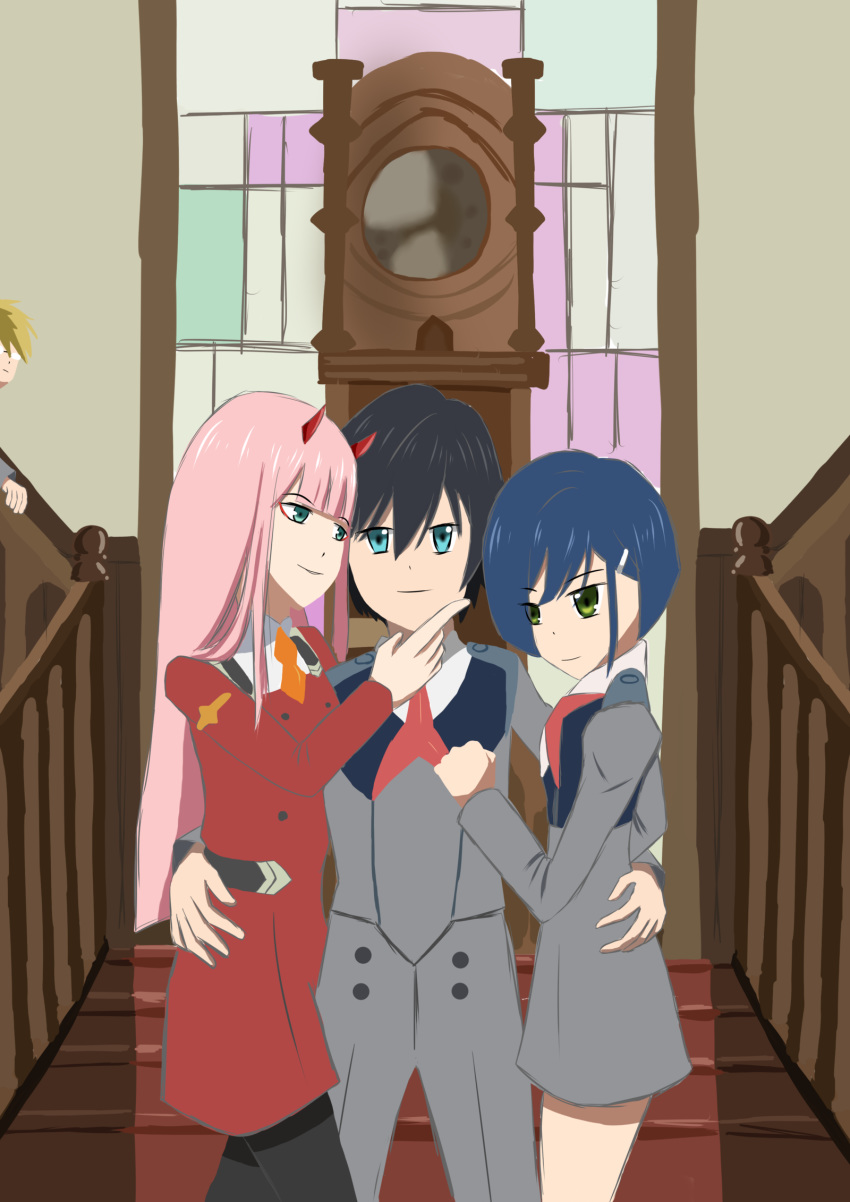 2boys 2girls bangs black_hair blonde_hair blue_eyes couple darling_in_the_franxx eyebrows_visible_through_hair fringe glasses gorou_(darling_in_the_franxx) green_eyes hairclip hand_on_another's_chest hand_on_another's_face hands_on_another's_hips hetero hiro_(darling_in_the_franxx) horns ichigo_(darling_in_the_franxx) long_hair long_sleeves looking_at_another looking_at_viewer military military_uniform multiple_boys multiple_girls necktie oni_horns orange_neckwear pink_hair red_horns red_neckwear short_hair uniform white_hairclip xhype zero_two_(darling_in_the_franxx)