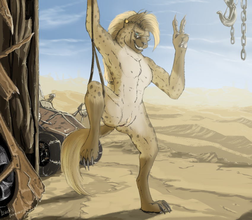 anthro barefoot black_nose blue_eyes brown_fur brown_hair chain day desert ear_piercing eyewear female flat_chested fluffy fluffy_tail fur gnoll hair hook hyena long_hair mammal nude outside paws piercing pussy sand sky smile solo sunglasses v_sign vehicle wasteland zafara_(artist)