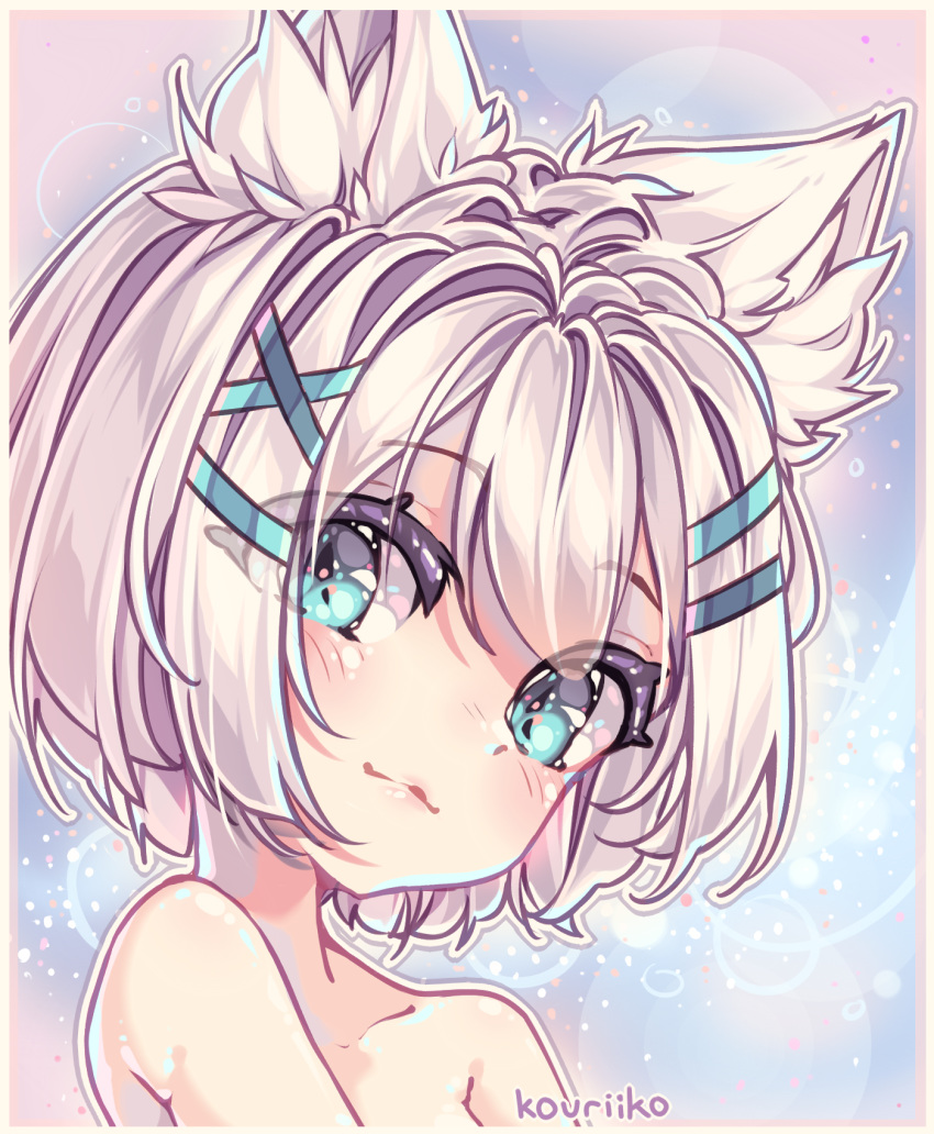 artist_name bare_shoulders blue_eyes border collarbone eyebrows_visible_through_hair hair_ornament hairclip head_tilt highres kouriiko looking_at_viewer looking_to_the_side md5_mismatch original pastel_colors portrait resized self_upload short_hair smile upscaled white_hair