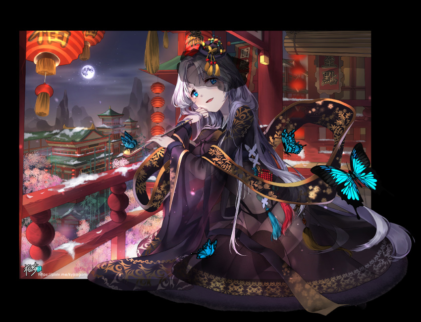:d animal architecture bangs black_border black_hat black_kimono black_legwear black_panties blue_eyes blush border bug butterfly cityscape cloud cloudy_sky commission east_asian_architecture eyebrows_visible_through_hair flower full_moon fur-trimmed_sleeves fur_trim hat highres holding holding_pipe insect japanese_clothes kimono kiseru kyjsogom lantern long_hair long_sleeves looking_at_viewer looking_to_the_side mini_hat moon mountain navel night night_sky open_mouth original outside_border panties paper_lantern parted_bangs pink_flower pipe railing see-through silver_hair sky smile snow solo star_(sky) starry_sky thighhighs tree underwear veil very_long_hair watermark web_address wide_sleeves