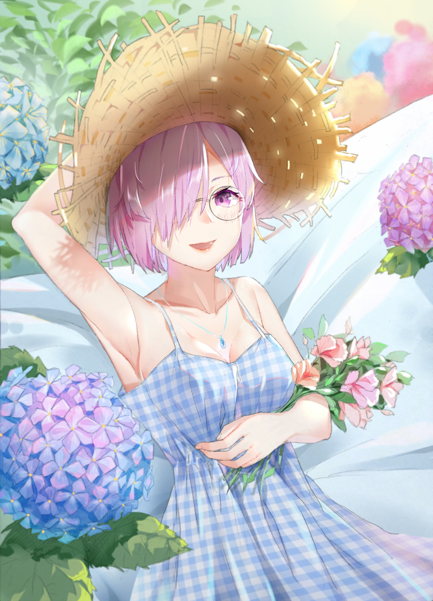 arm_behind_head blush breasts cleavage dress fate/grand_order fate_(series) flower glasses hair_over_one_eye hat highres hydrangea jewelry kongbai looking_at_viewer mash_kyrielight necklace pink_eyes pink_hair short_hair smile solo sun_hat