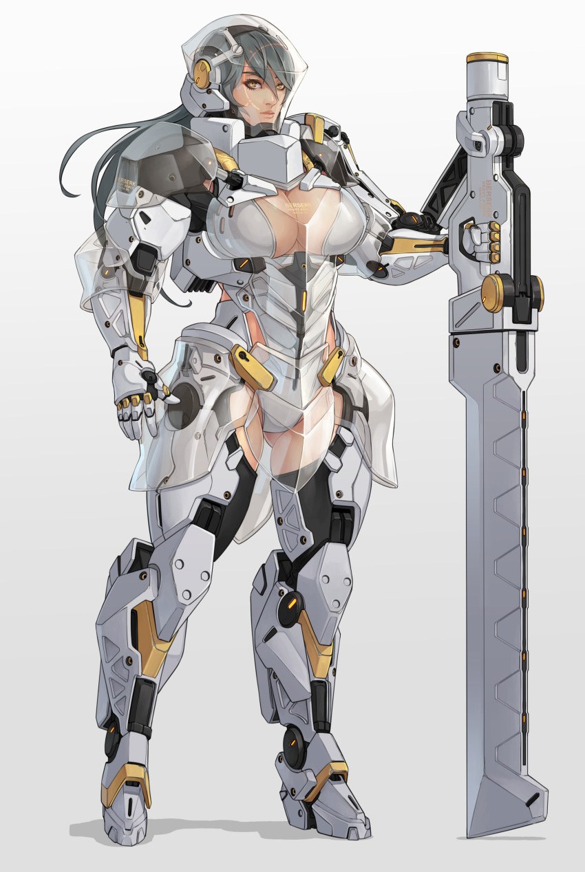 absurdres armor ass_visible_through_thighs battlesuit black_hair black_legwear breasts brown_eyes cleavage cyborg full_body gauntlets grey_background groin gun helmet highres holding holding_weapon large_breasts long_hair original planted_weapon see-through solo standing thighhighs warrior weapon wei_(kaminari0411)