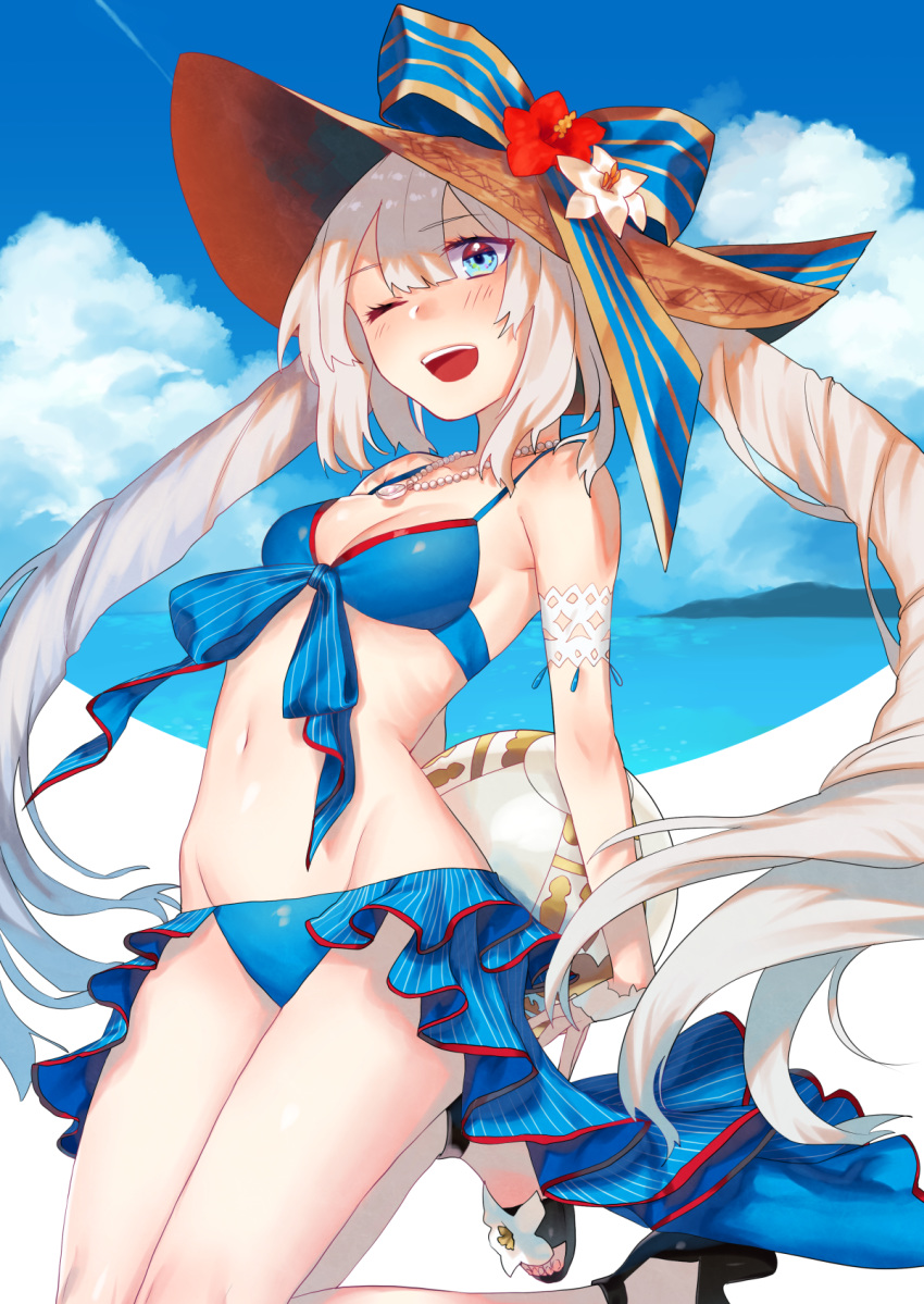 ;d ball beach beachball blue_eyes blush breasts cloud day fate/grand_order fate_(series) grey_hair hat highres jewelry marie_antoinette_(fate/grand_order) medium_breasts moegi0926 navel necklace one_eye_closed open_mouth smile solo swimsuit twintails