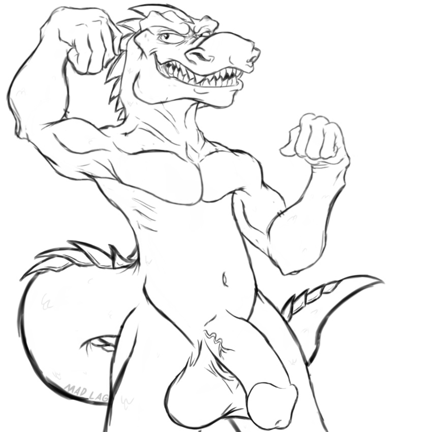 2018 3_fingers anthro balls biceps big_penis claws digital_media_(artwork) dinosaur fangs front_view grin half-erect hi_res humanoid_penis long_tail looking_at_viewer madlag male muscular muscular_male navel nude pecs penis pose scalie sharp_teeth smile solo solo_focus spikes spines teeth theropod tyrannosaurus_rex vein veiny_penis