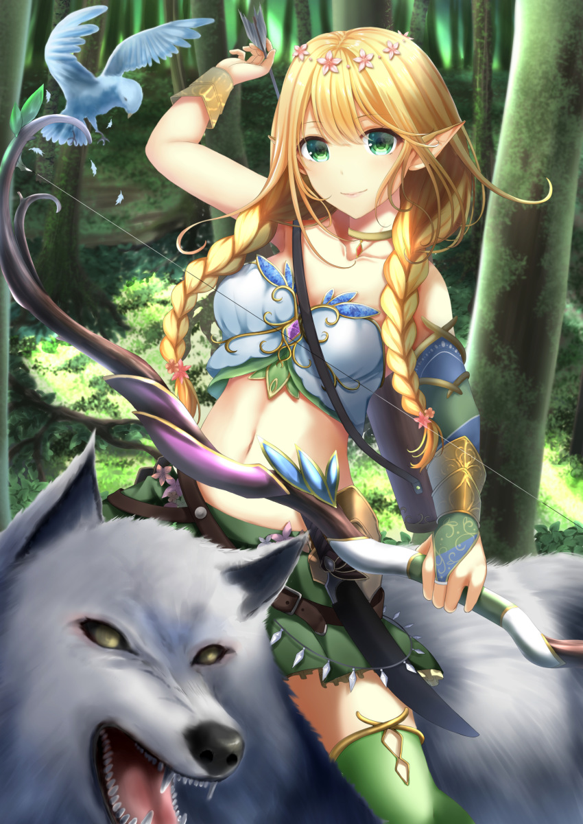 absurdres animal arm_up arrow bangs bare_shoulders bird blonde_hair bow_(weapon) braid bridal_gauntlets closed_mouth collarbone commentary_request crop_top day elf eyebrows_visible_through_hair flower forest green_eyes green_skirt hair_between_eyes hair_flower hair_ornament highres holding holding_arrow holding_bow_(weapon) holding_weapon long_hair looking_at_viewer low_twintails nature navel open_mouth original outdoors pink_flower pointy_ears riding sharp_teeth single_bridal_gauntlet skirt smile solo teeth twin_braids twintails very_long_hair weapon wolf yellow_eyes yukimochi_kinako