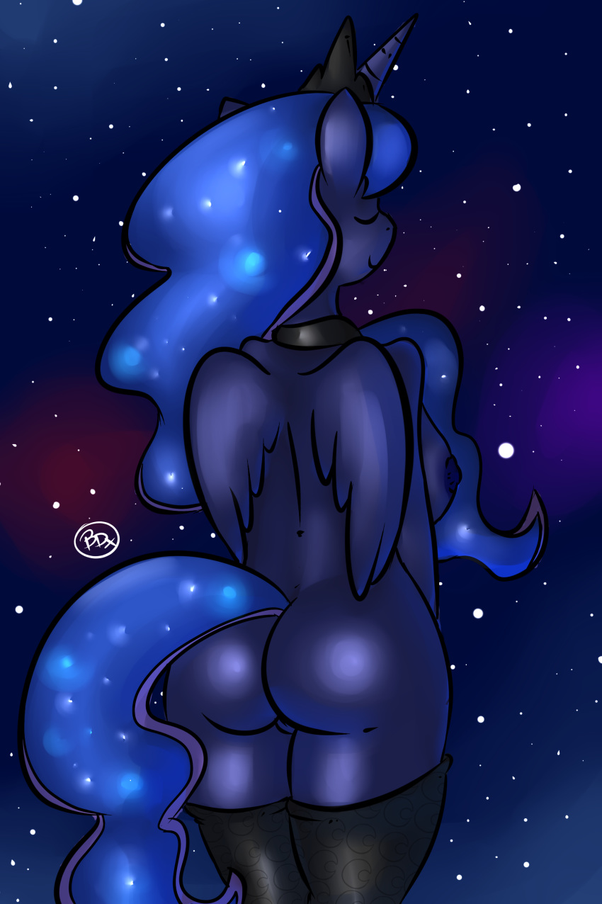 2015 anthro anthrofied blue_feathers blue_hair breasts butt clothing dynamicfuncorner equine eyes_closed feathered_wings feathers female friendship_is_magic hair hi_res horn legwear long_hair mammal my_little_pony nipples princess_luna_(mlp) pussy rear_view smile solo thigh_highs winged_unicorn wings