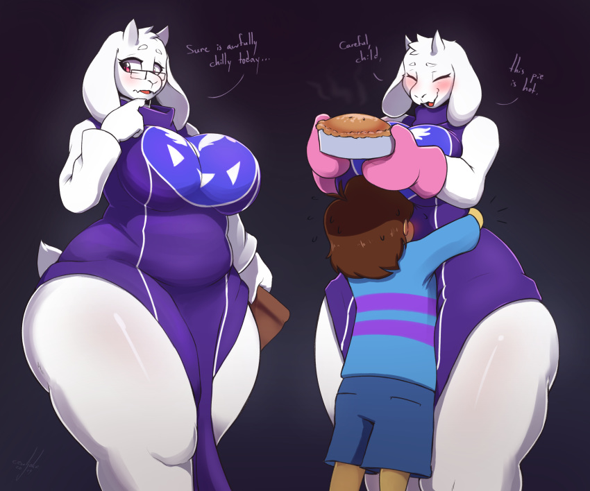 2019 absurd_res anthro big_breasts blush book boss_monster bovid breasts caprine cewljoke child clothed clothing dialogue duo english_text exposed_thighs eyewear female food fur glasses goat hi_res horn hug human larger_female male mammal open_mouth pie protagonist_(undertale) red_eyes signature simple_background size_difference smaller_male sweat text thick_thighs toriel undertale video_games white_fur young