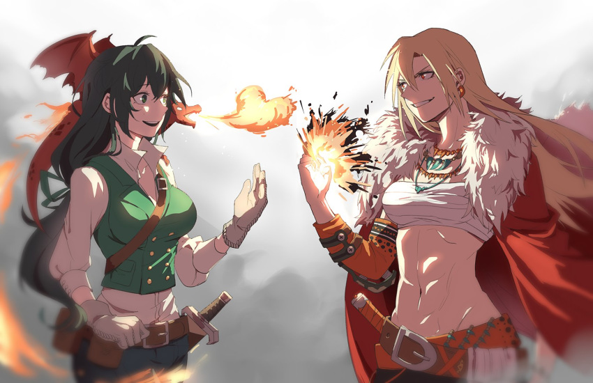 abs alternate_costume bakugou_katsuki bangs belt belt_pouch blonde_hair boku_no_hero_academia breasts cape collared_shirt crop_top detached_sleeves dragon dress_shirt earrings fantasy fire fur-trimmed_cape fur_trim genderswap genderswap_(mtf) gloves green_eyes green_hair green_vest grin hair_between_eyes highres jewelry liyuchen1126 long_hair long_sleeves looking_at_another low_ponytail medium_breasts midoriya_izuku midriff multiple_girls navel necklace open_mouth pants popped_collar pouch red_cape red_eyes sarashi sheath sheathed shirt smile sword tooth_necklace utility_belt very_long_hair vest weapon white_shirt