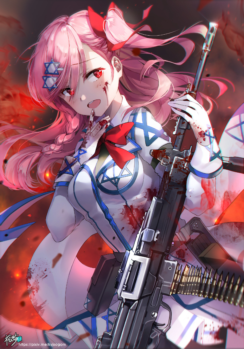 absurdres ammunition_belt artist_name asymmetrical_hair bangs black_legwear blood blood_on_face bloody_clothes blush bow braid breasts brush buttons collared_jacket commentary_request eyebrows_visible_through_hair finger_to_mouth fire floating_hair girls_frontline gloves glowing glowing_eyes grey_shirt gun hair_between_eyes hair_bow hair_ornament hair_ribbon hairclip hexagram highres holding holding_weapon imi_negev israel kyjsogom light_particles long_hair looking_at_viewer machine_gun medium_breasts mid-stride negev_(girls_frontline) open_mouth pink_hair pleated_skirt red_bow red_eyes ribbon ruins shirt side_braid sidelocks skirt smile smirk solo standing star_of_david weapon white_gloves white_skirt wind wind_lift