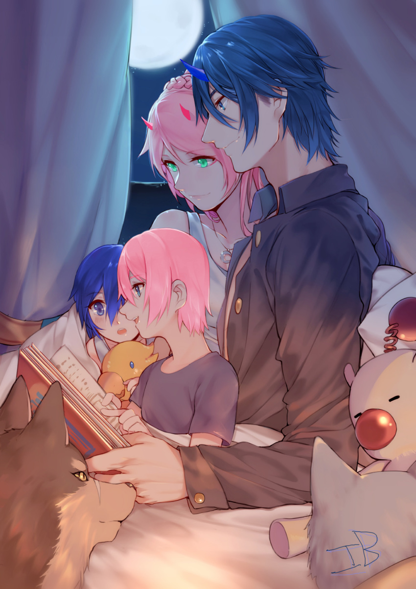 1boy 1girl 2boys 2girls bangs bare_shoulders bed_sheet black_hair blue_eyes blue_horns blue_shirt book cleavage collarbone collared_shirt couple curtains darling_in_the_franxx dog eyebrows_visible_through_hair fringe green_eyes hetero hiro_(darling_in_the_franxx) holding_book holding_toy horns ibroninja long_hair moon multiple_boys multiple_girls necklace night night_sky oni_horns open_book open_clothes open_shirt pendant pillow pink_hair purple_shirt red_horns shirt short_hair signature sky sleeveless sleeveless_shirt toy white_shirt wing_collar zero_two_(darling_in_the_franxx)