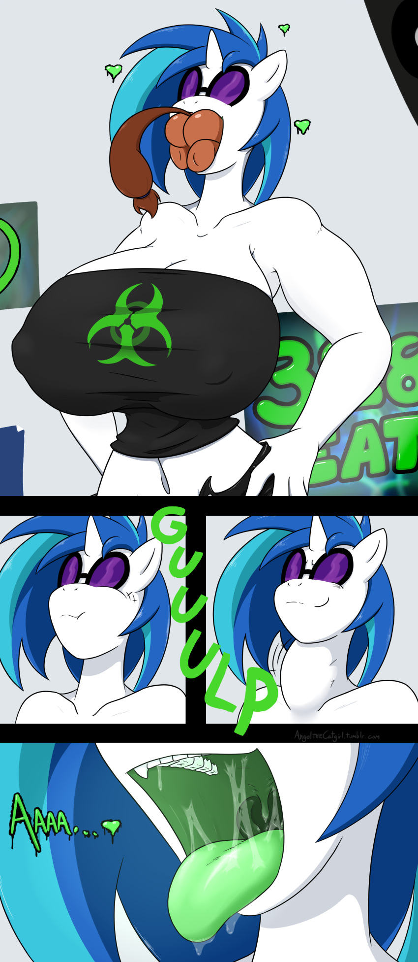 angelthecatgirl anthro anthrofied big_breasts breasts dj_acid eating equine female green_tongue hi_res horn huge_breasts macro mammal my_little_pony nipples saliva size_difference tongue unicorn vore