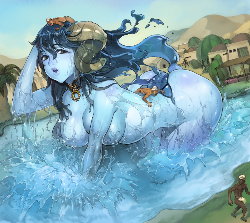 6+boys adjusting_hair ass blue_skin breasts commentary_request dark_skin desert dutch_angle f.s. giantess hill horns large_breasts long_hair looking_to_the_side monster_collection monster_girl multiple_boys palm_tree running tree water wet