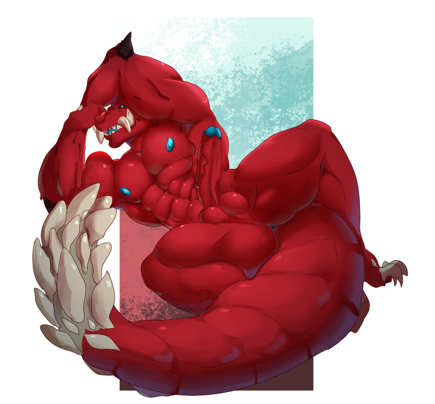 abs anthro anus arm_support balls biceps big_muscles big_penis blue_eyes blue_nipples blue_skin capcom claws demondragoncyan erection fanged_wyvern fangs flexing leaning_on_elbow looking_at_viewer lying mace_tail male monster_hunter monster_hunter_world muscular muscular_male nipples nude odogaron pecs penis pose presenting red_skin simple_background solo spreading teeth thick_tail vein video_games