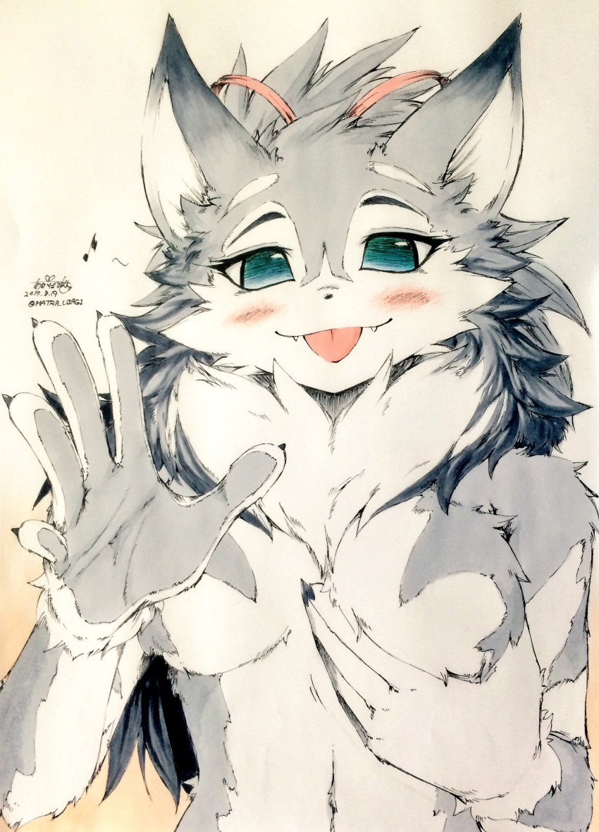 anthro blue_eyes blush breasts canine cute_fangs dog female fur grey_fur holding_breast husky jinya lia looking_at_viewer mammal ribbons signature solo tongue tongue_out traditional_media_(artwork) tuft white_fur あかばね_じん