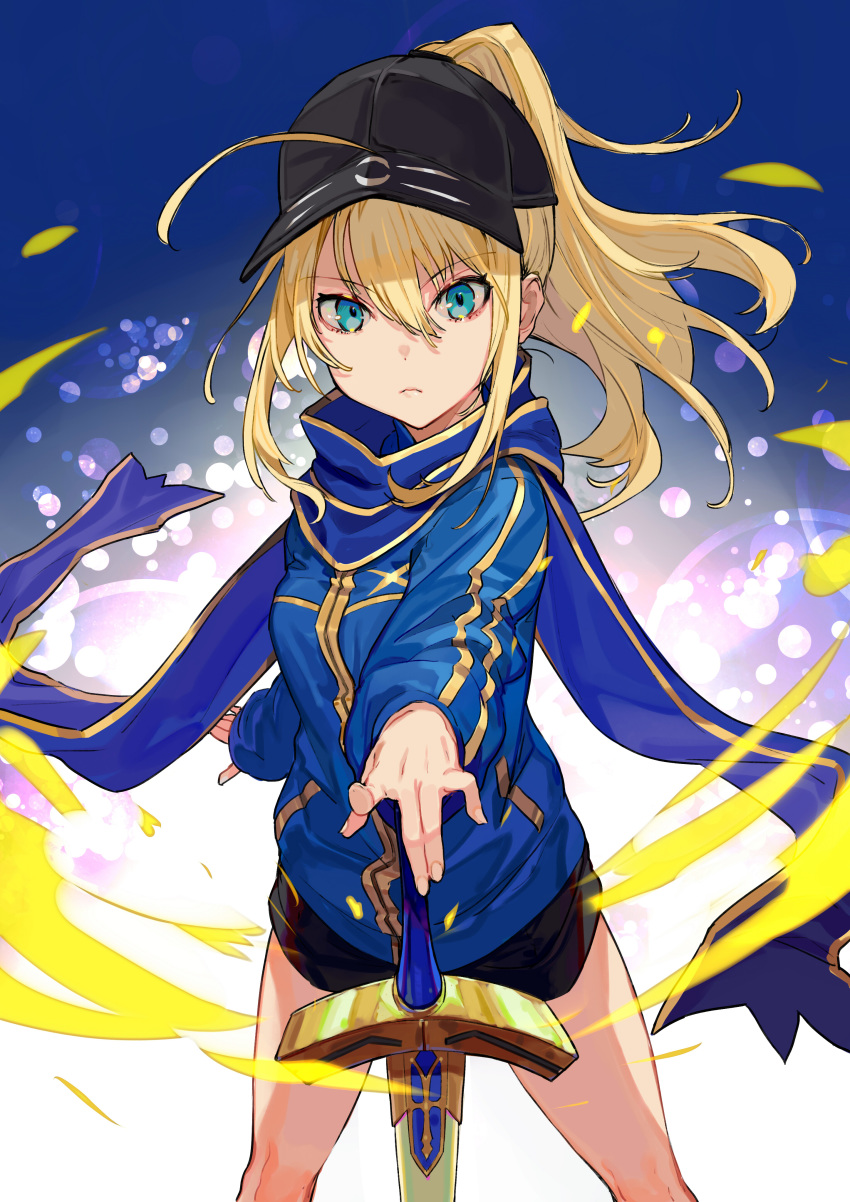 &gt;:( absurdres artoria_pendragon_(all) bangs baseball_cap black_hat black_shorts blonde_hair blue_eyes blue_jacket blue_scarf closed_mouth commentary_request eyebrows_visible_through_hair fate/extella fate/extra fate/grand_order fate_(series) fingernails hair_between_eyes hair_through_headwear hand_on_hilt hat high_ponytail highres himitsucalibur jacket long_sleeves mysterious_heroine_x outstretched_arm ponytail scarf short_shorts shorts sleeves_past_wrists solo standing sword track_jacket v-shaped_eyebrows weapon yuu_(higashi_no_penguin)