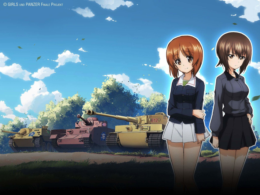 anglerfish artist_request brown_eyes brown_hair cloud emblem girls_und_panzer grass ground_vehicle highres jagdpanzer_38(t) kuromorimine_school_uniform military military_vehicle motor_vehicle multiple_girls nishizumi_maho nishizumi_miho official_art ooarai_(emblem) ooarai_military_uniform panzerkampfwagen_iv siblings sisters skirt sky smile source_request tank tiger_i tree turtle