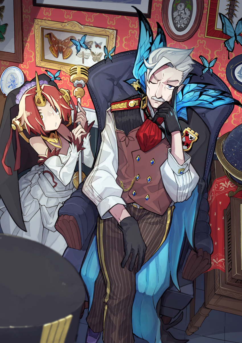 1girl absurdres animal armchair bangs bare_shoulders belt belt_buckle black_cape blue_eyes bridal_veil brown_pants buckle bug butterfly cape chair charles_babbage_(fate/grand_order) choker commentary_request facial_hair fate/apocrypha fate/grand_order fate_(series) flower frankenstein's_monster_(fate) gloves grey_hair heterochromia highres holding holding_weapon horn insect james_moriarty_(fate/grand_order) mustache pants pink_hair rose sen-jou sitting veil weapon white_flower white_gloves white_rose