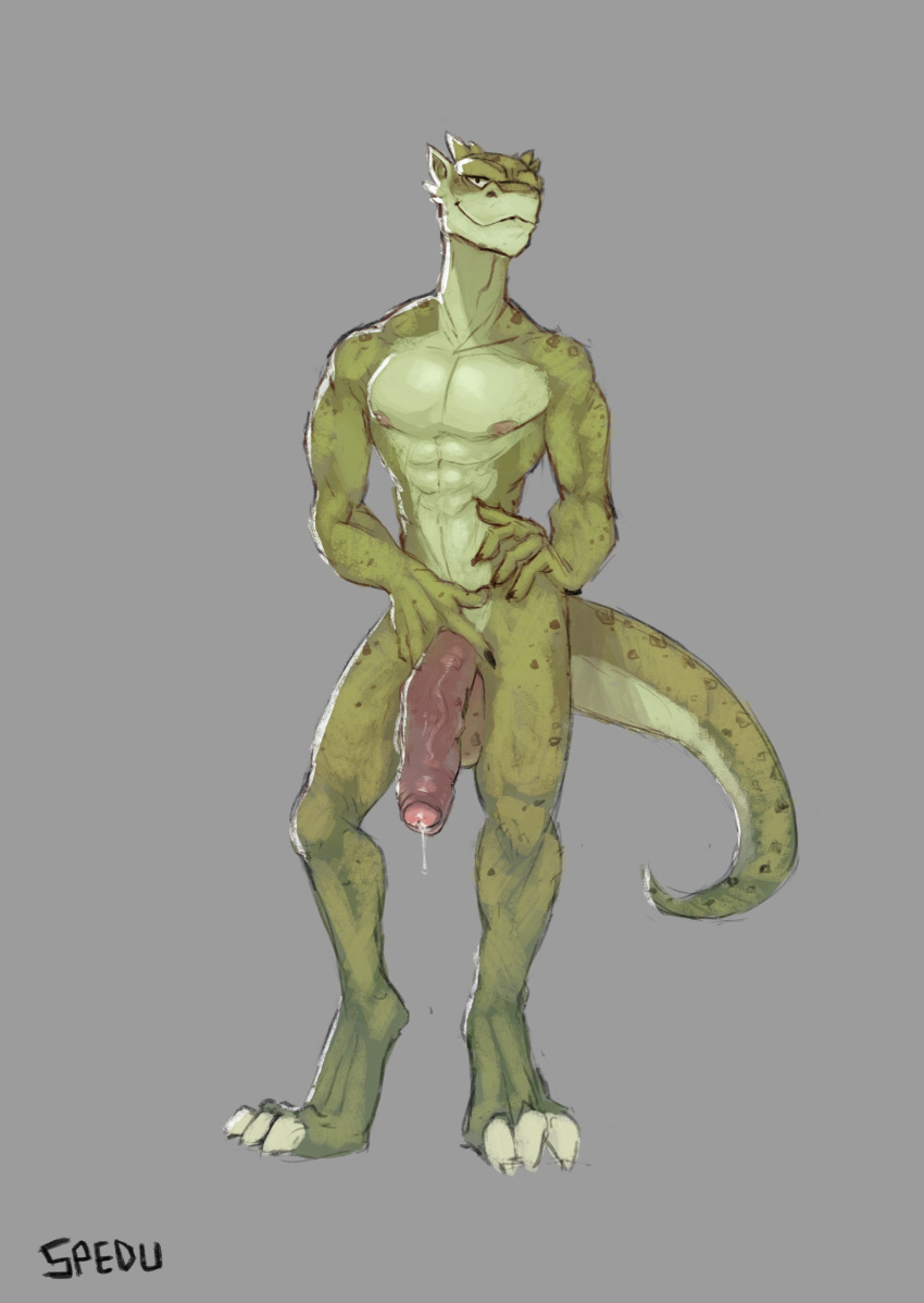 abs anthro athletic balls big_balls big_penis claws foreskin green_scales grey_background holding_penis horn humanoid_penis leaking lizard long_neck long_penis looking_at_viewer male nipples nude pecs penis precum reptile scales scalie simple_background smile solo spedumon spots standing uncut vein veiny_penis