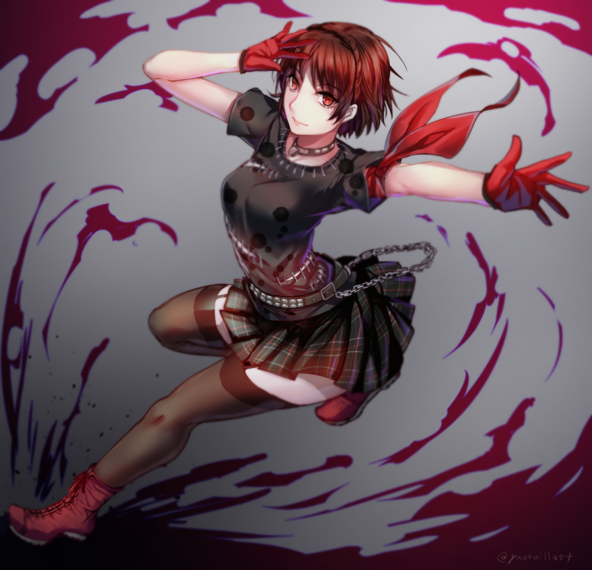 arched_back arms_up bangs bare_arms belt braid brown_hair chain choker closed_mouth crown_braid full_body gloves highres leg_up looking_at_viewer niijima_makoto outstretched_arm outstretched_leg persona persona_5 persona_5:_dancing_star_night persona_dancing plaid plaid_skirt red_eyes red_footwear red_gloves shirt shoes short_hair short_sleeves skirt smile solo thighhighs twisted_torso yaoto zettai_ryouiki